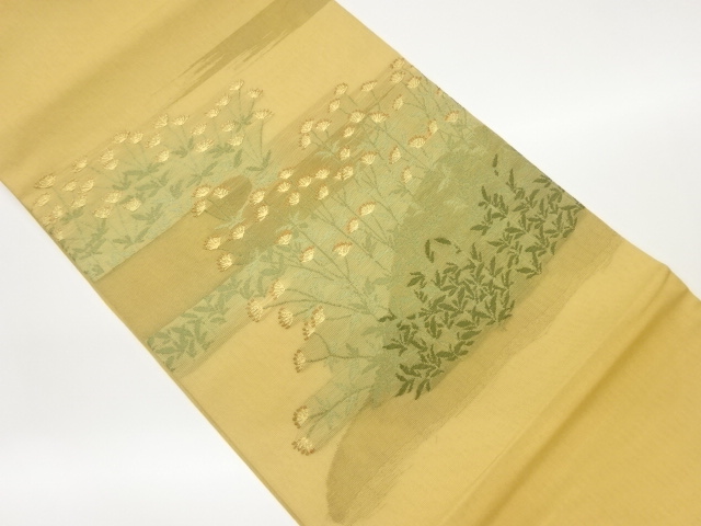 JAPANESE HIRAKI NAGOYA OBI FOR SUMMER / WOVEN FLORAL PLANTS